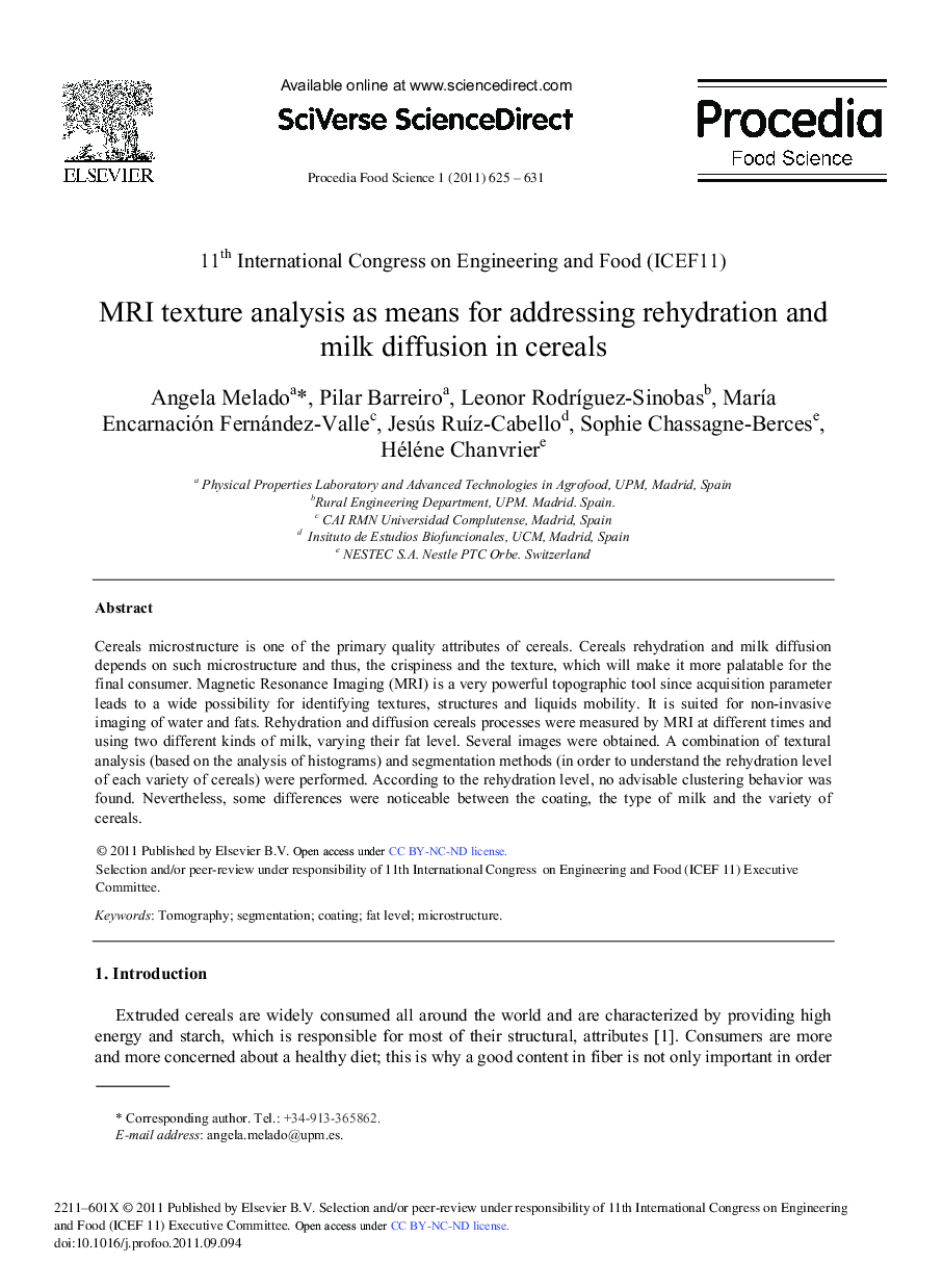 MRI texture analysis as means for addressing rehydration and milk diffusion in cereals