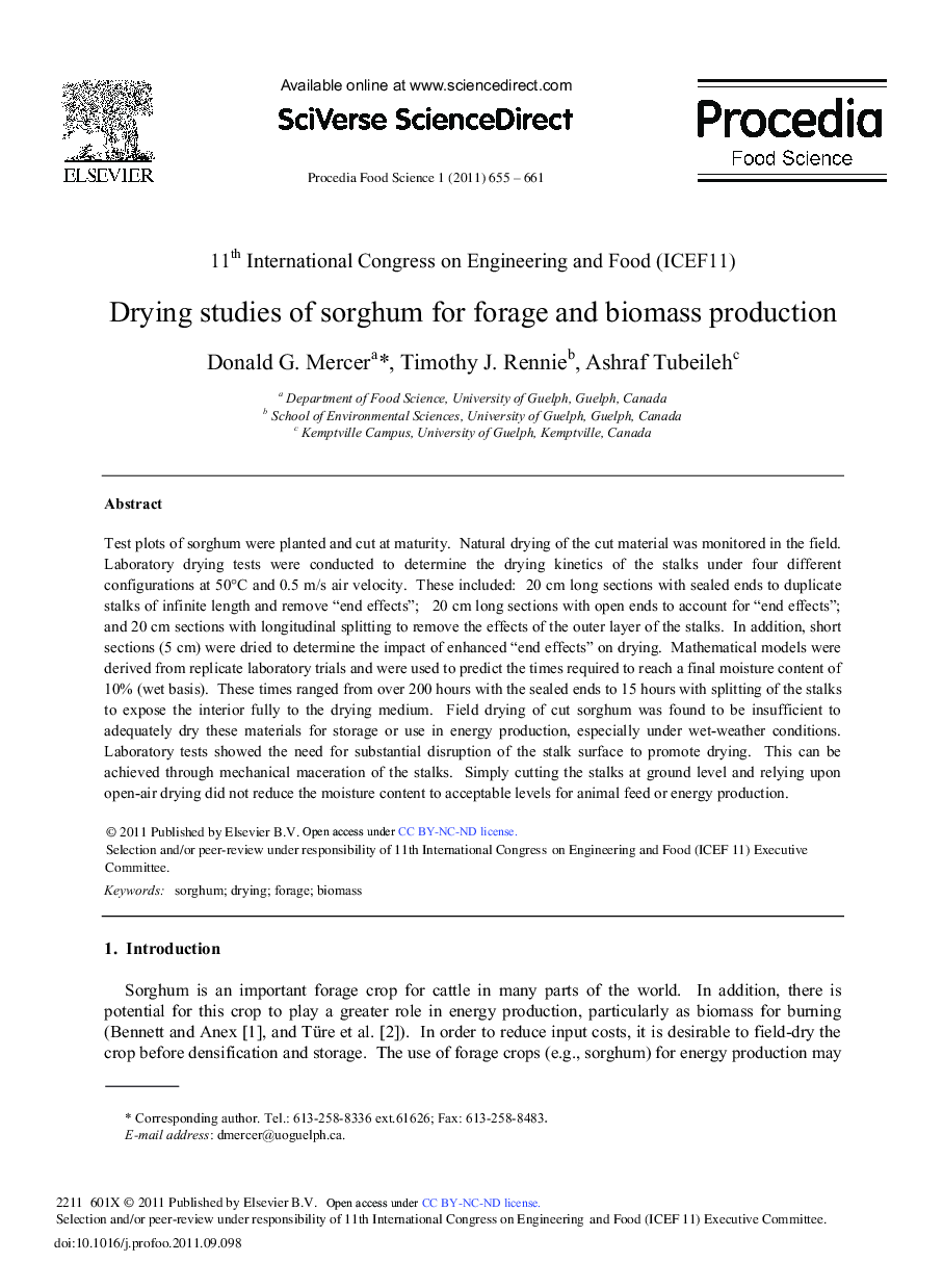 Drying studies of sorghum for forage and biomass production