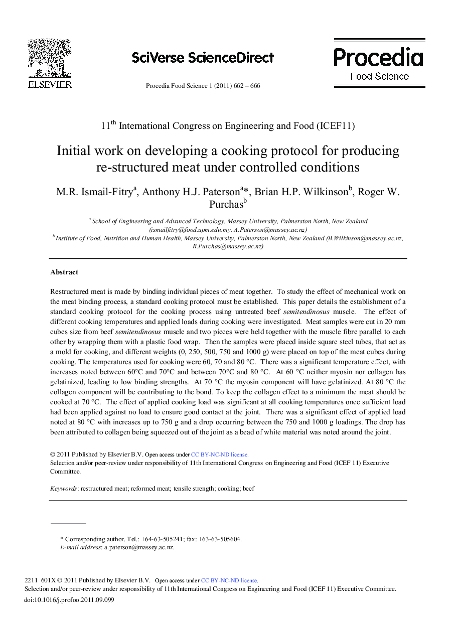 Initial work on developing a cooking protocol for producing re-structured meat under controlled conditions