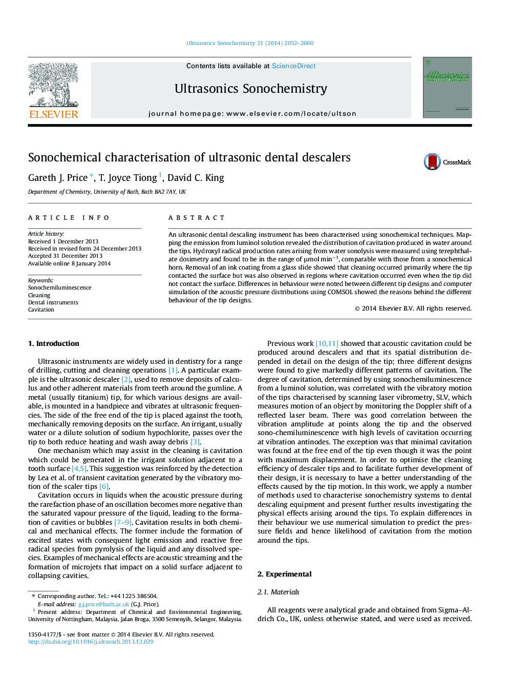 Sonochemical characterisation of ultrasonic dental descalers