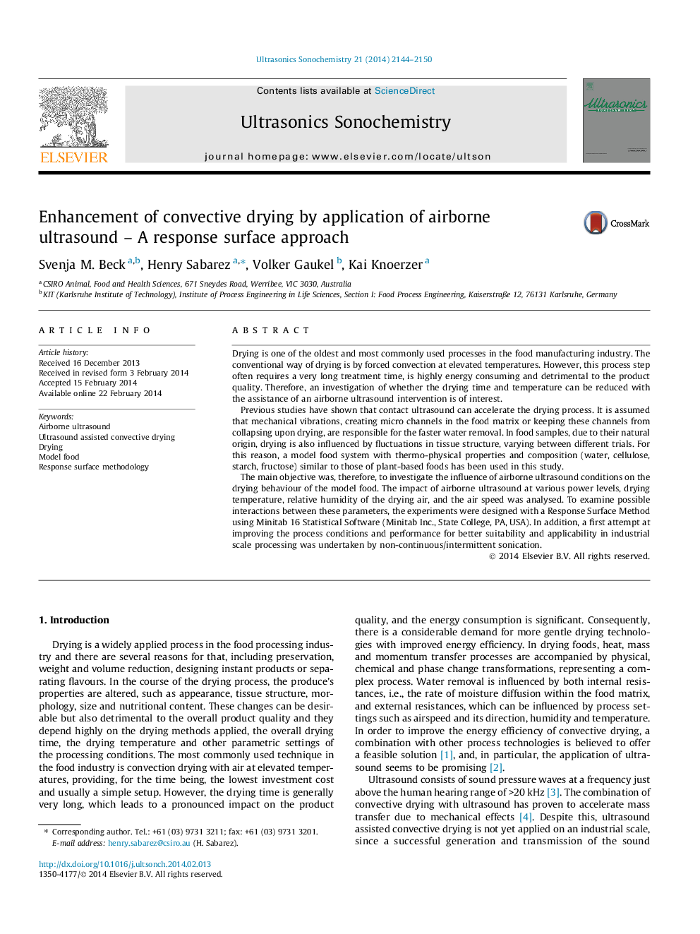 Enhancement of convective drying by application of airborne ultrasound – A response surface approach