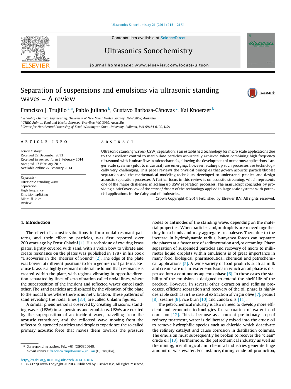 Separation of suspensions and emulsions via ultrasonic standing waves – A review