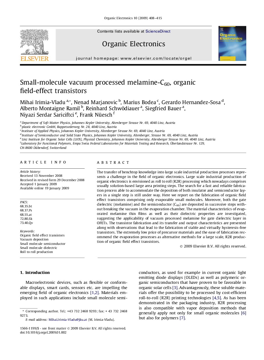 Small-molecule vacuum processed melamine-C60, organic field-effect transistors