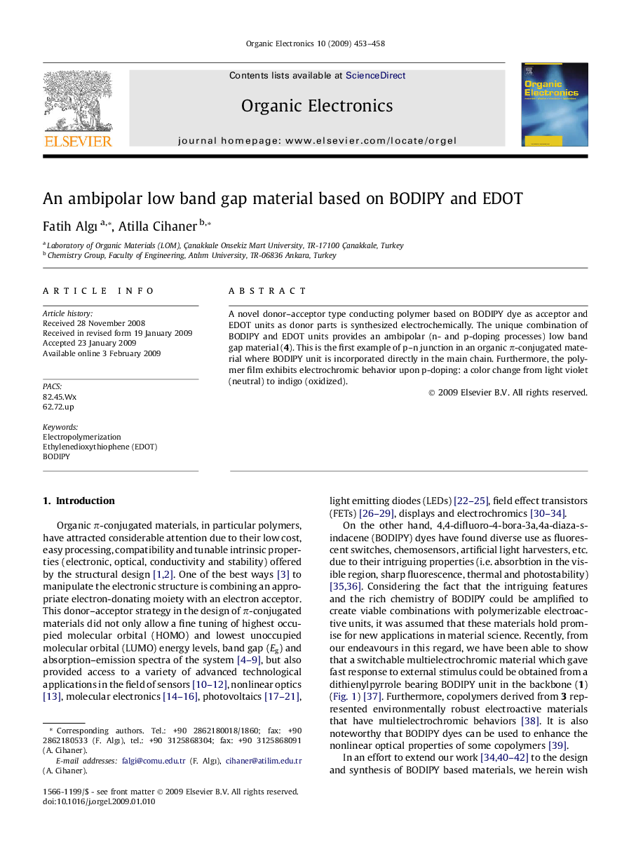 An ambipolar low band gap material based on BODIPY and EDOT