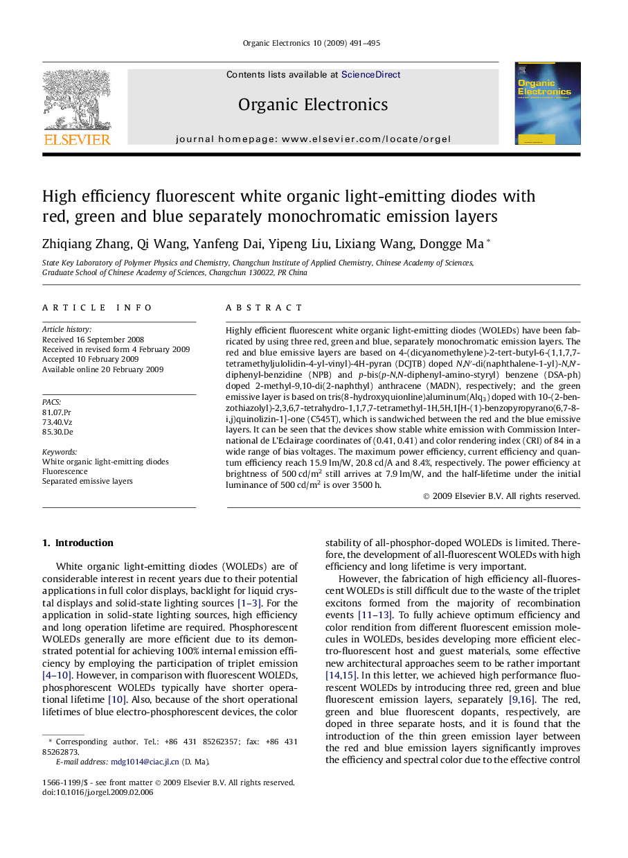High efficiency fluorescent white organic light-emitting diodes with red, green and blue separately monochromatic emission layers