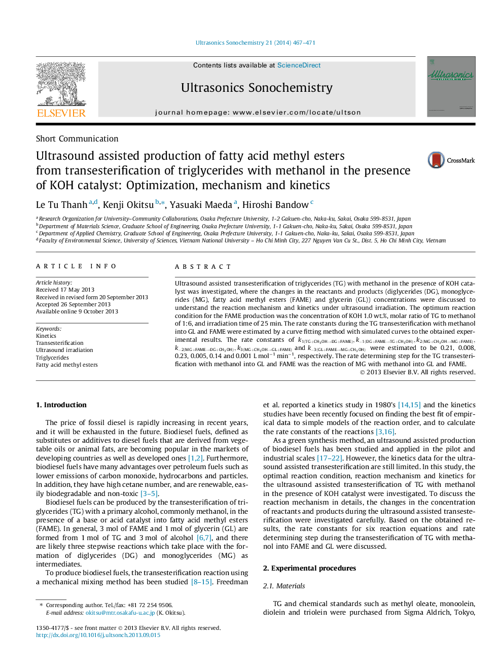 Ultrasound assisted production of fatty acid methyl esters from transesterification of triglycerides with methanol in the presence of KOH catalyst: Optimization, mechanism and kinetics