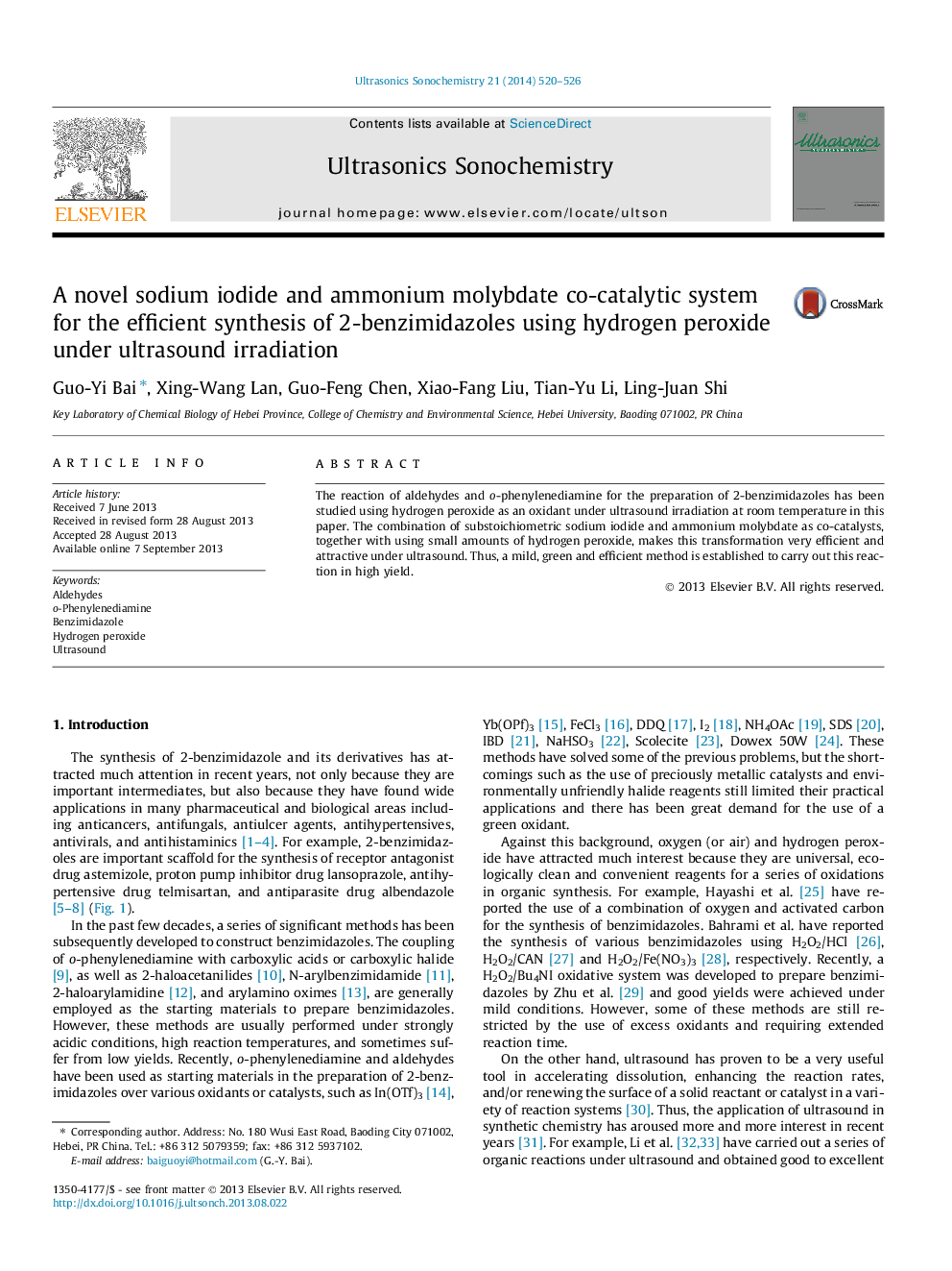 A novel sodium iodide and ammonium molybdate co-catalytic system for the efficient synthesis of 2-benzimidazoles using hydrogen peroxide under ultrasound irradiation