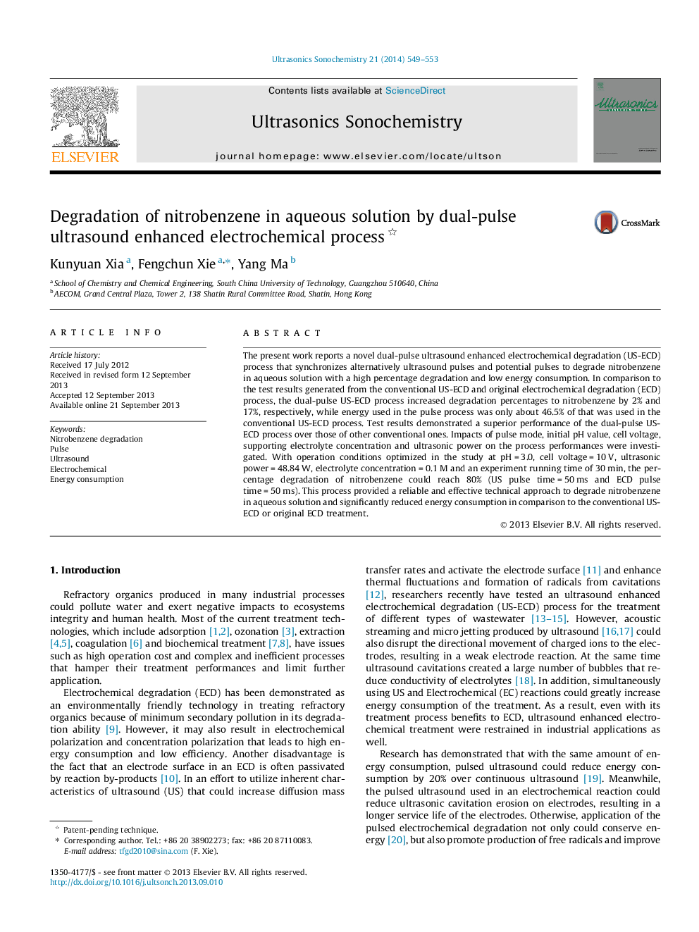 تخریب نیتروبنزل در محلول آبی با روش اولتراسوند دو پالس، فرآیند الکتروشیمیایی افزایش یافته است. 