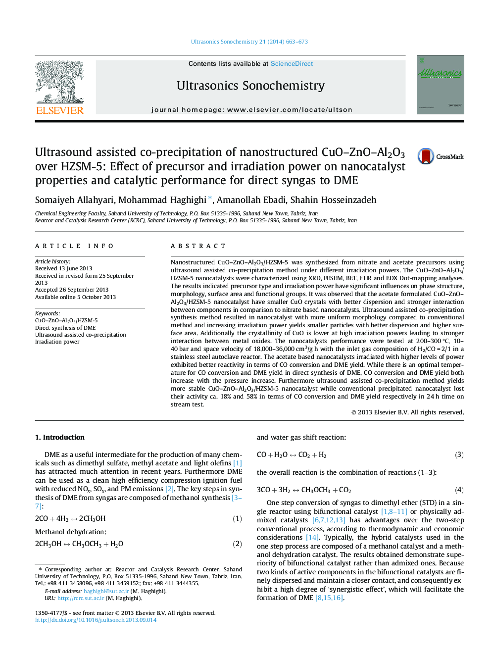 Ultrasound assisted co-precipitation of nanostructured CuO–ZnO–Al2O3 over HZSM-5: Effect of precursor and irradiation power on nanocatalyst properties and catalytic performance for direct syngas to DME