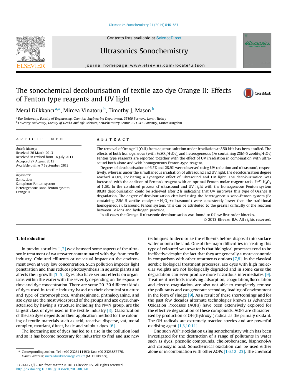 The sonochemical decolourisation of textile azo dye Orange II: Effects of Fenton type reagents and UV light