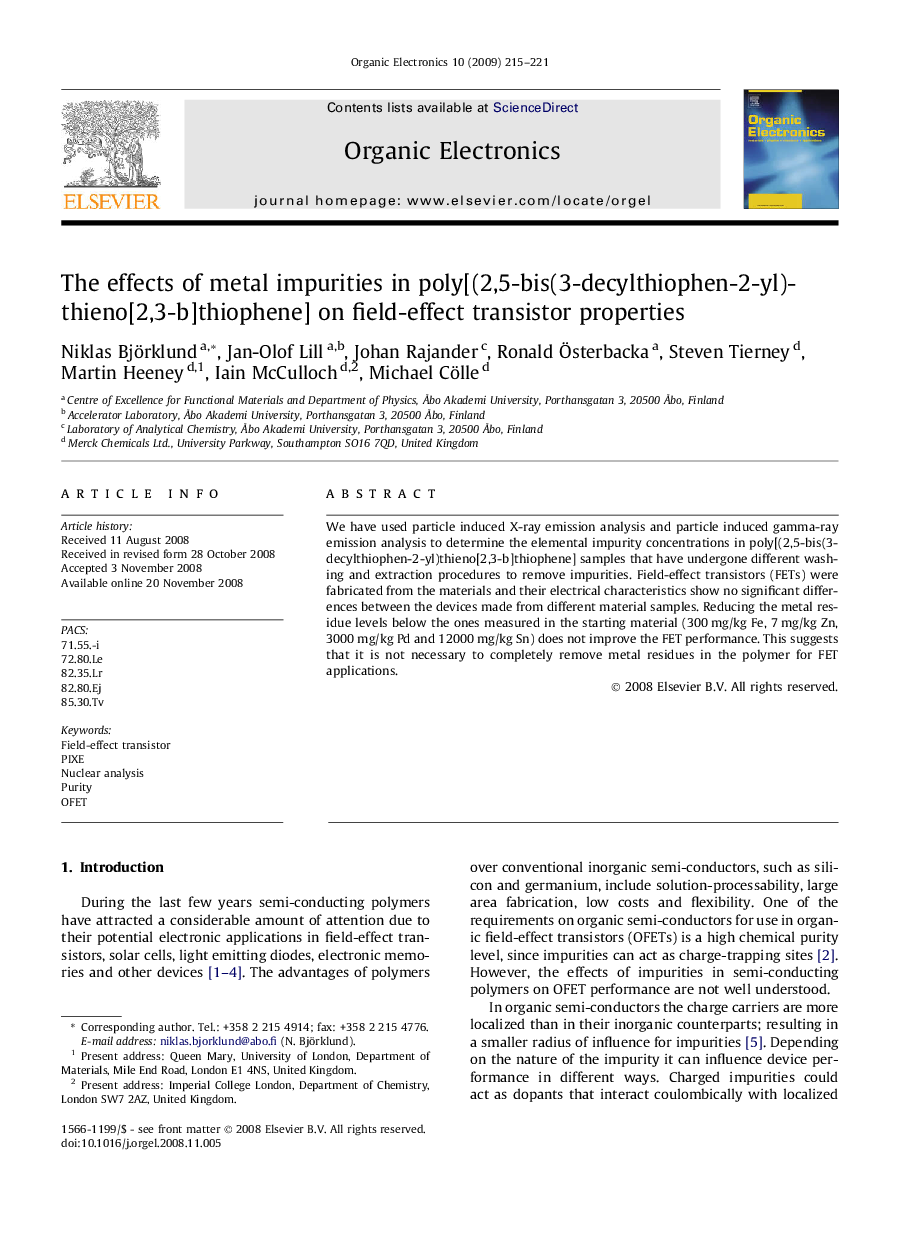 The effects of metal impurities in poly[(2,5-bis(3-decylthiophen-2-yl)thieno[2,3-b]thiophene] on field-effect transistor properties