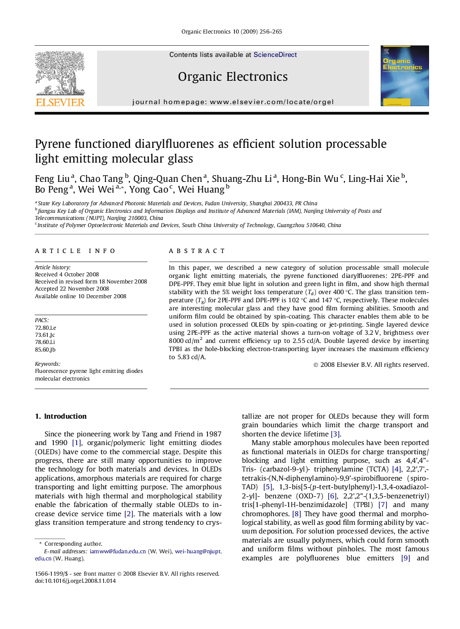 Pyrene functioned diarylfluorenes as efficient solution processable light emitting molecular glass