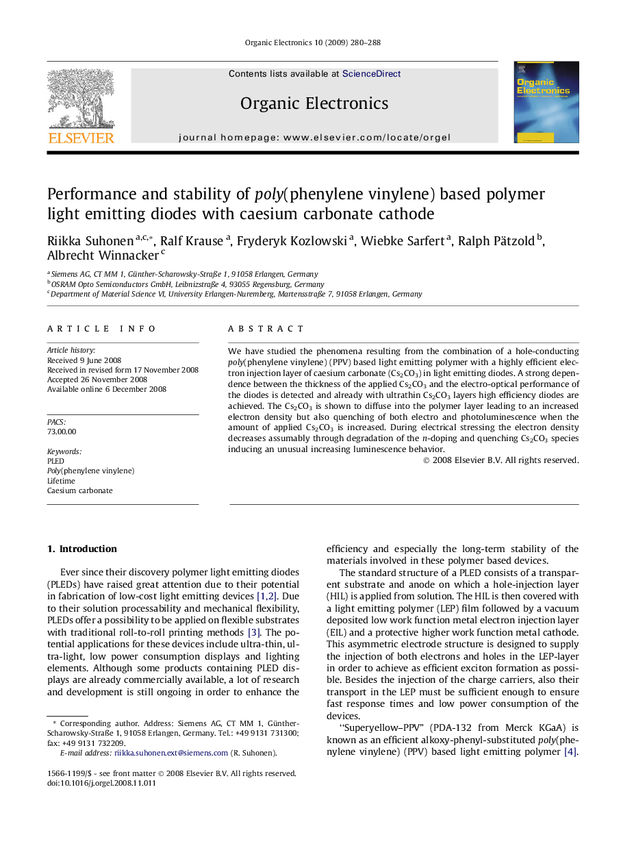 Performance and stability of poly(phenylene vinylene) based polymer light emitting diodes with caesium carbonate cathode