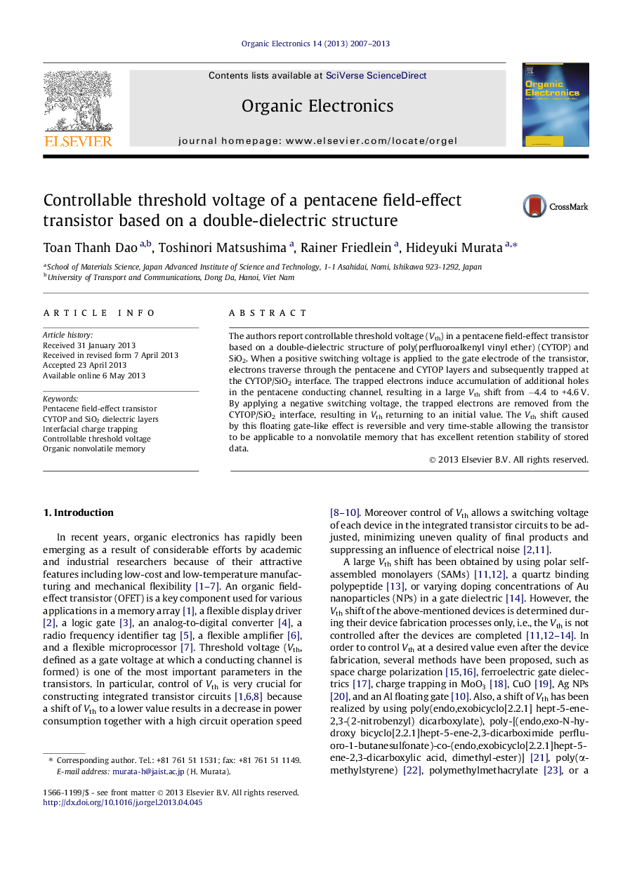 عکس صفحه اول مقاله: Controllable threshold voltage of a pentacene field-effect transistor based on a double-dielectric structure Controllable threshold voltage of a pentacene field-effect transistor based on a double-dielectric structure