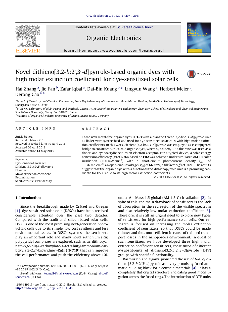 Novel dithieno[3,2-b:2′,3′-d]pyrrole-based organic dyes with high molar extinction coefficient for dye-sensitized solar cells