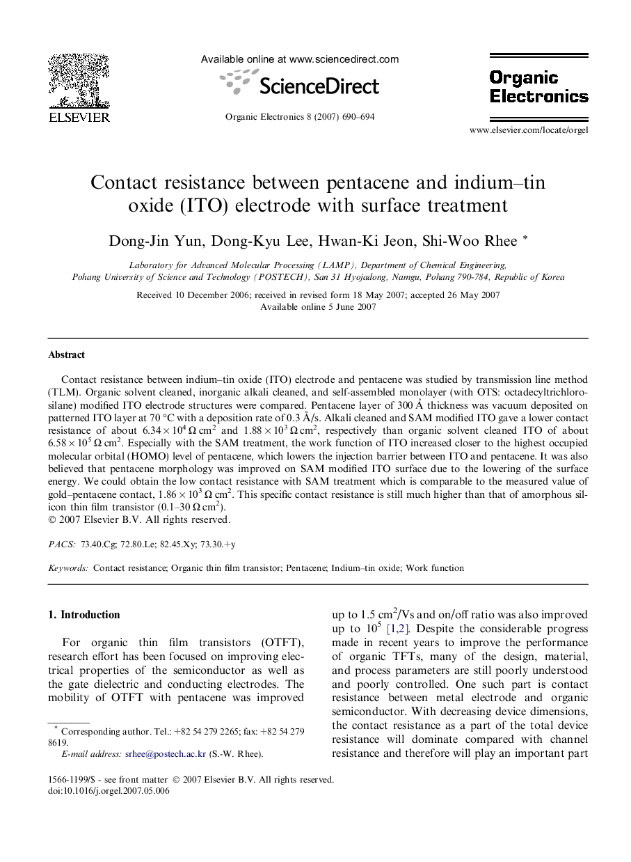 Contact resistance between pentacene and indium–tin oxide (ITO) electrode with surface treatment