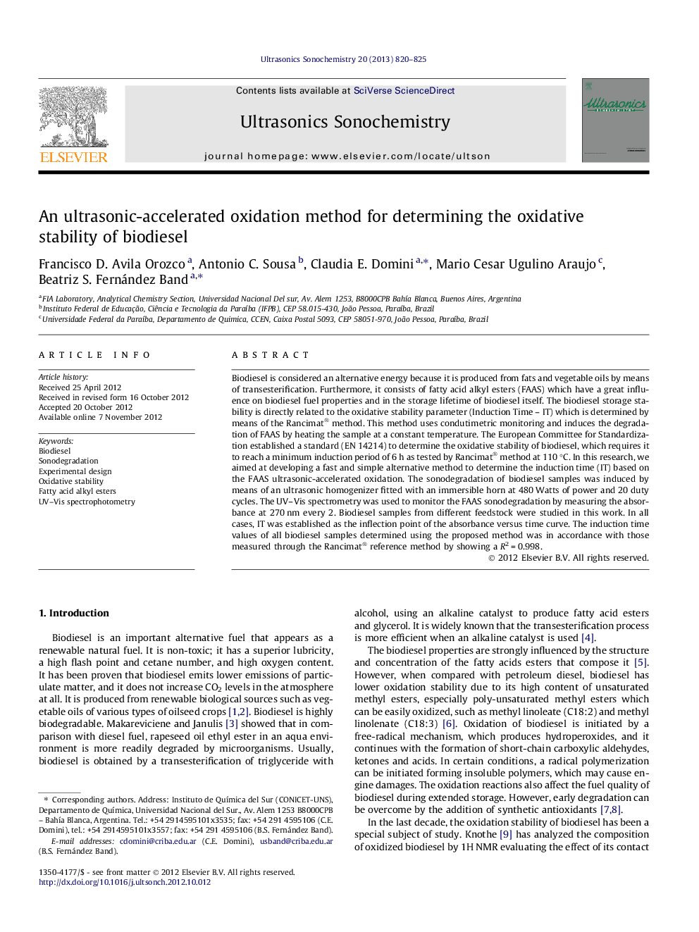 An ultrasonic-accelerated oxidation method for determining the oxidative stability of biodiesel