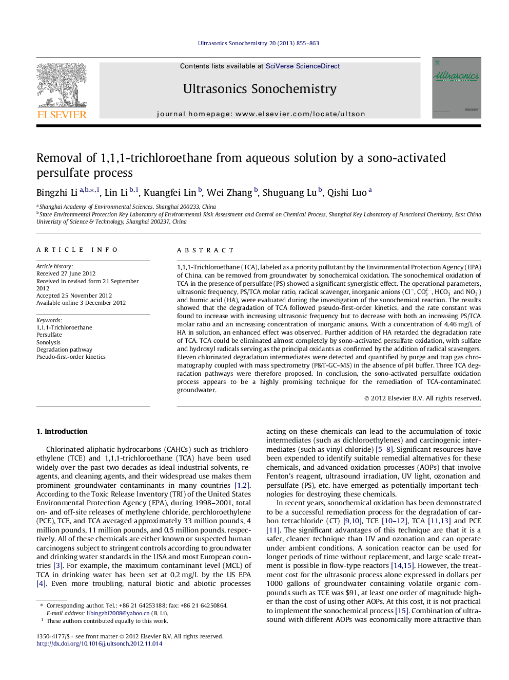 Removal of 1,1,1-trichloroethane from aqueous solution by a sono-activated persulfate process