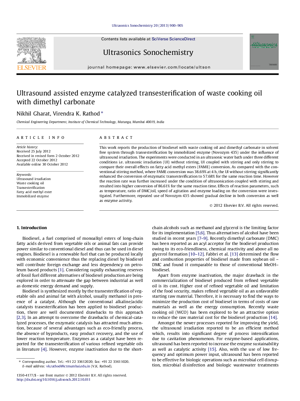 Ultrasound assisted enzyme catalyzed transesterification of waste cooking oil with dimethyl carbonate