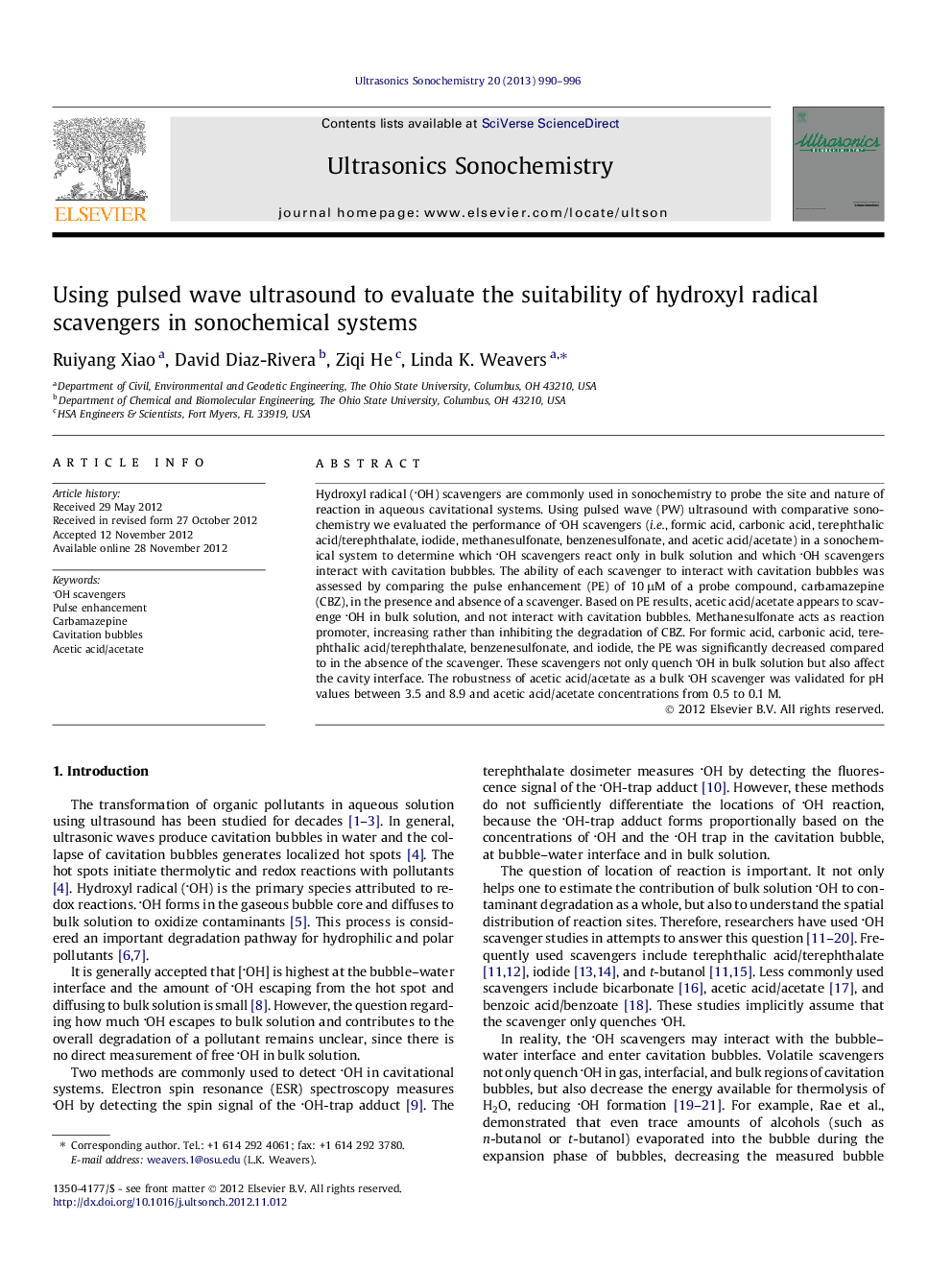 Using pulsed wave ultrasound to evaluate the suitability of hydroxyl radical scavengers in sonochemical systems