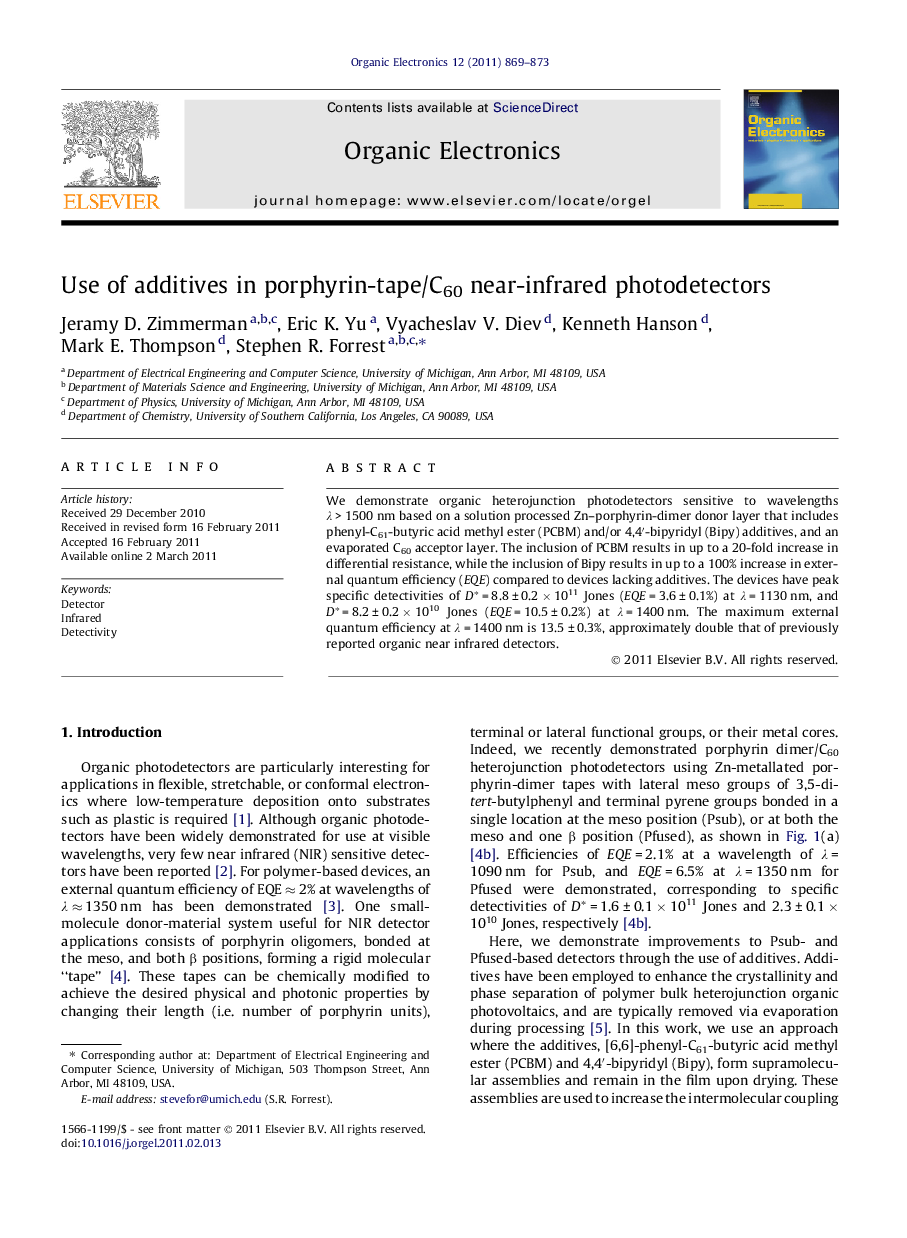 Use of additives in porphyrin-tape/C60 near-infrared photodetectors