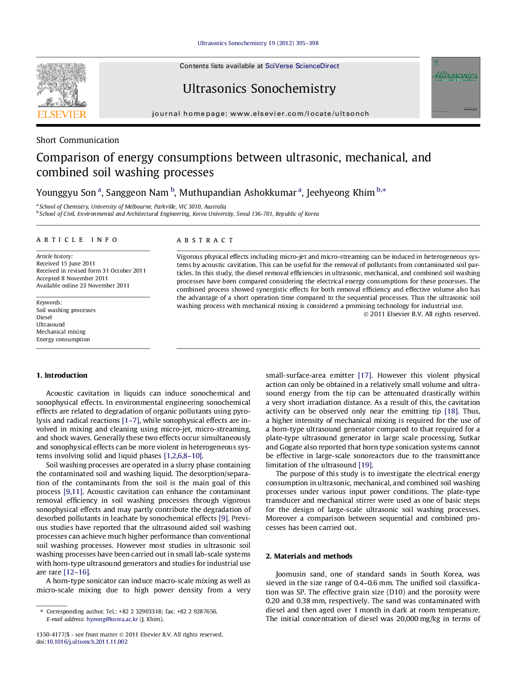 Comparison of energy consumptions between ultrasonic, mechanical, and combined soil washing processes