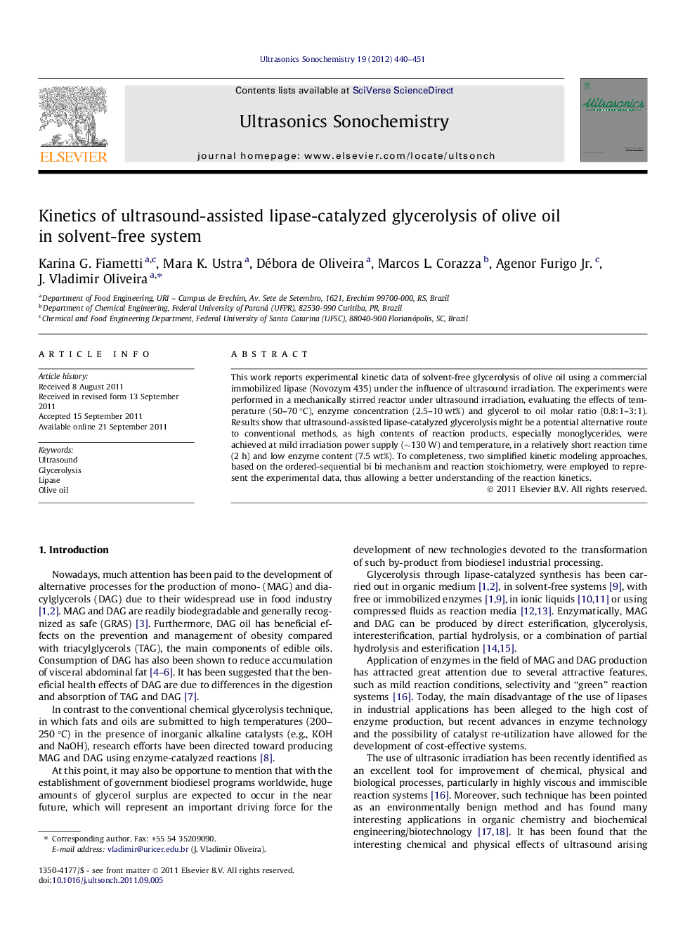 Kinetics of ultrasound-assisted lipase-catalyzed glycerolysis of olive oil in solvent-free system