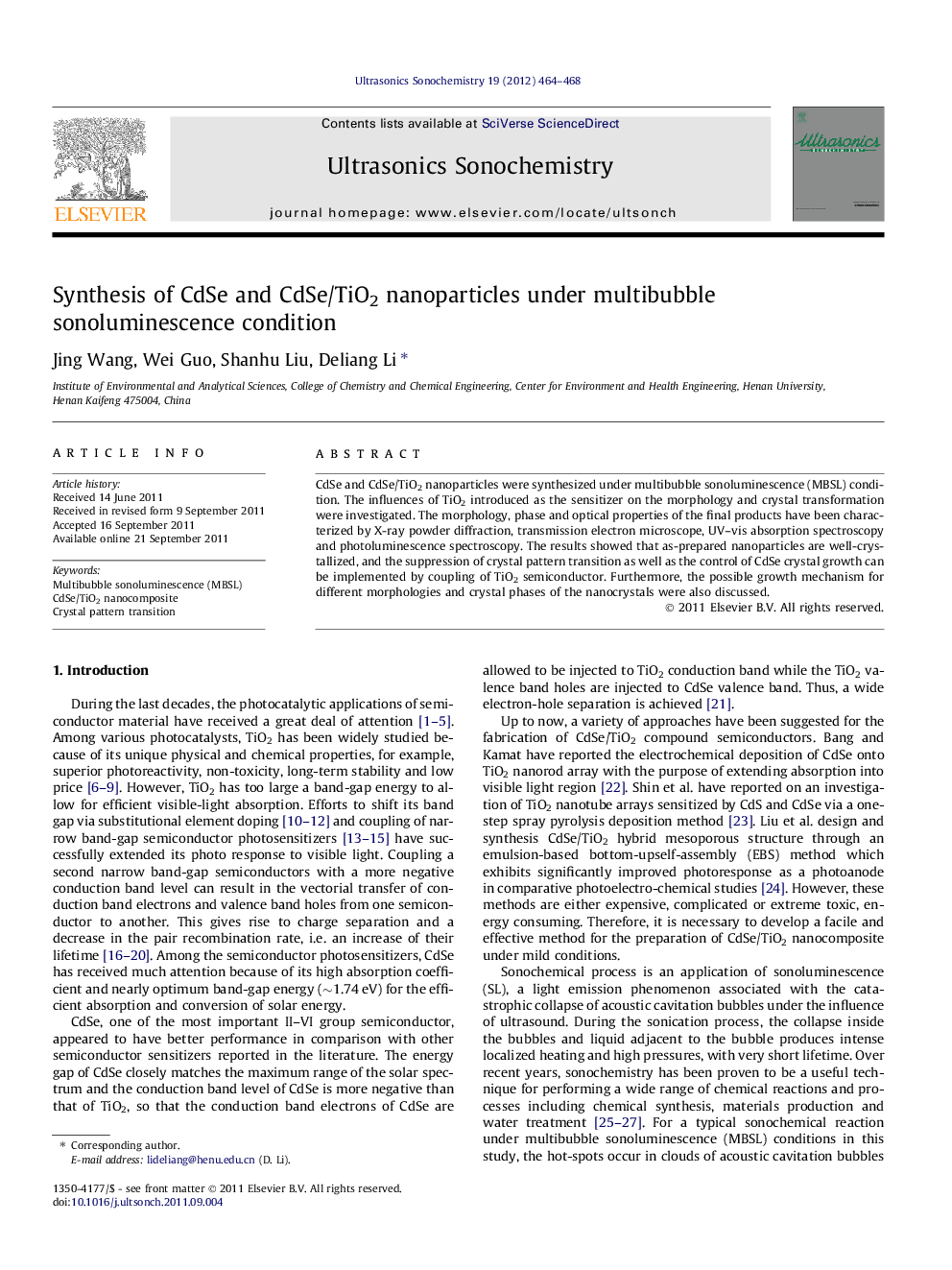 Synthesis of CdSe and CdSe/TiO2 nanoparticles under multibubble sonoluminescence condition
