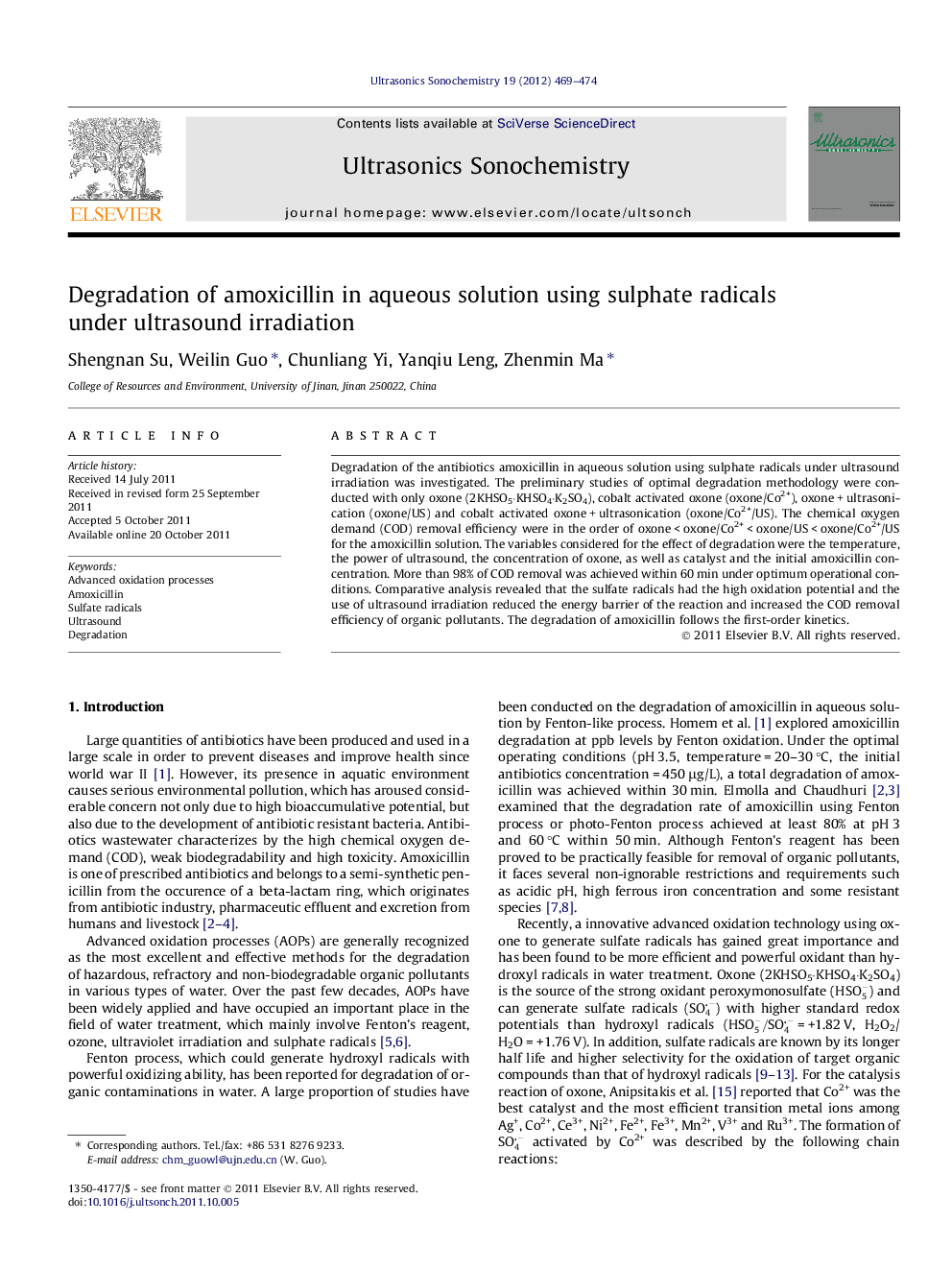 Degradation of amoxicillin in aqueous solution using sulphate radicals under ultrasound irradiation