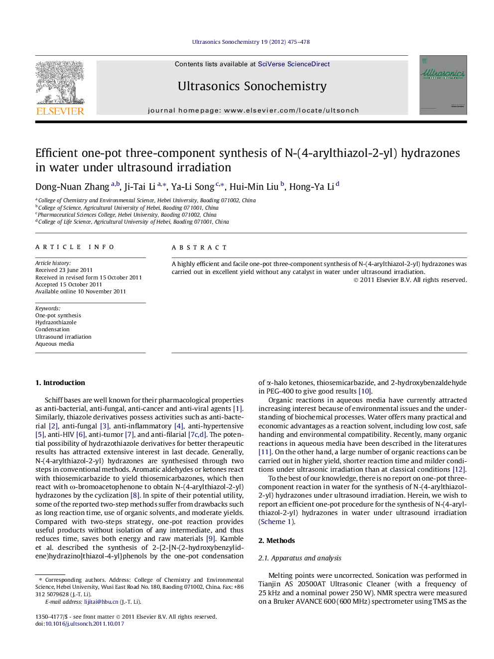 Efficient one-pot three-component synthesis of N-(4-arylthiazol-2-yl) hydrazones in water under ultrasound irradiation