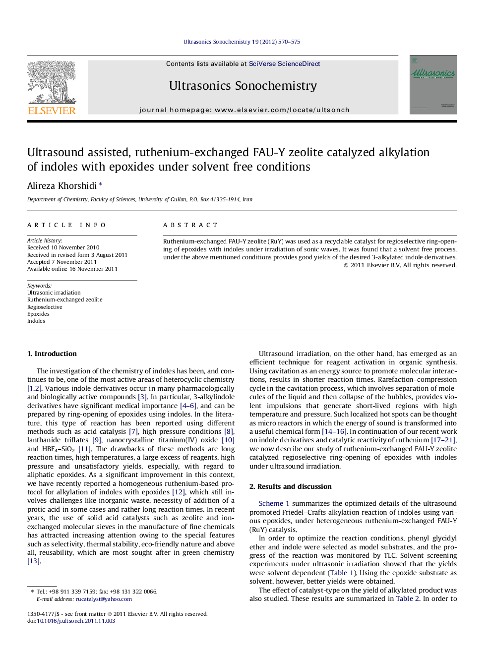 Ultrasound assisted, ruthenium-exchanged FAU-Y zeolite catalyzed alkylation of indoles with epoxides under solvent free conditions