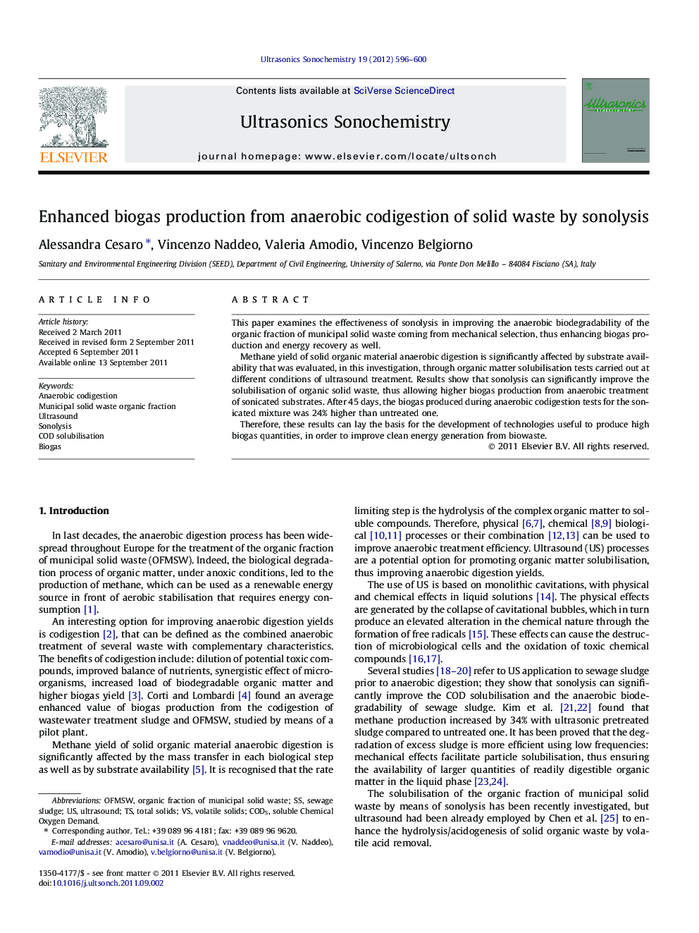 Enhanced biogas production from anaerobic codigestion of solid waste by sonolysis