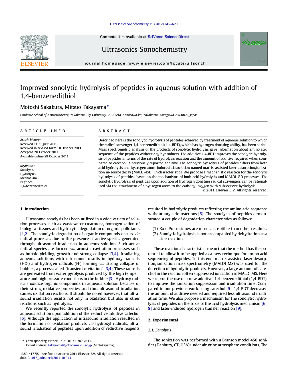 Improved sonolytic hydrolysis of peptides in aqueous solution with addition of 1,4-benzenedithiol