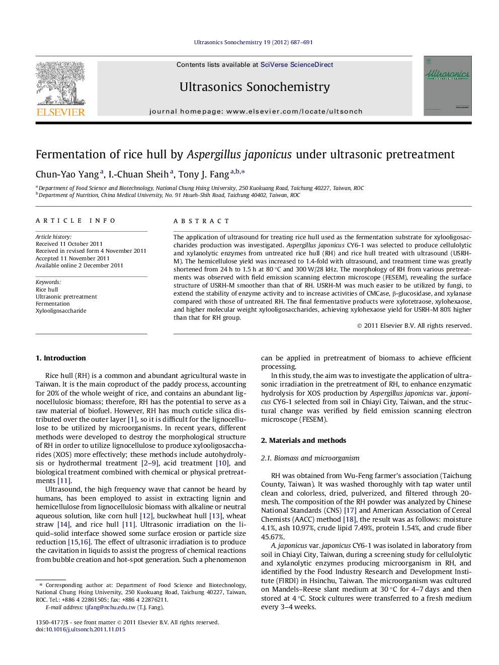 Fermentation of rice hull by Aspergillus japonicus under ultrasonic pretreatment