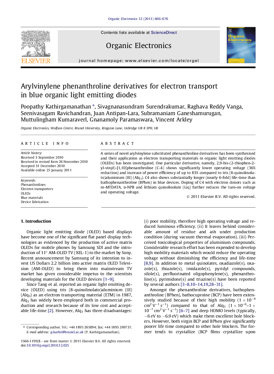 عکس صفحه اول مقاله: Arylvinylene phenanthroline derivatives for electron transport in blue organic light emitting diodes Arylvinylene phenanthroline derivatives for electron transport in blue organic light emitting diodes