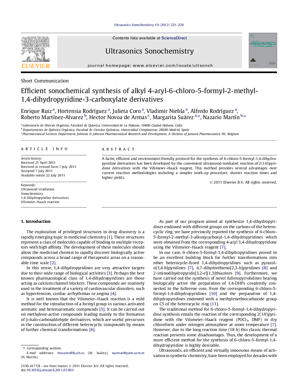 Efficient sonochemical synthesis of alkyl 4-aryl-6-chloro-5-formyl-2-methyl-1,4-dihydropyridine-3-carboxylate derivatives