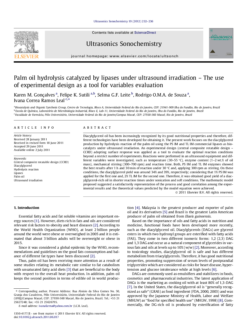 Palm oil hydrolysis catalyzed by lipases under ultrasound irradiation – The use of experimental design as a tool for variables evaluation