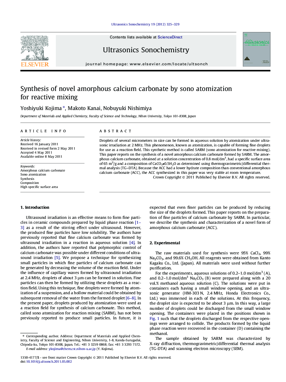 Synthesis of novel amorphous calcium carbonate by sono atomization for reactive mixing