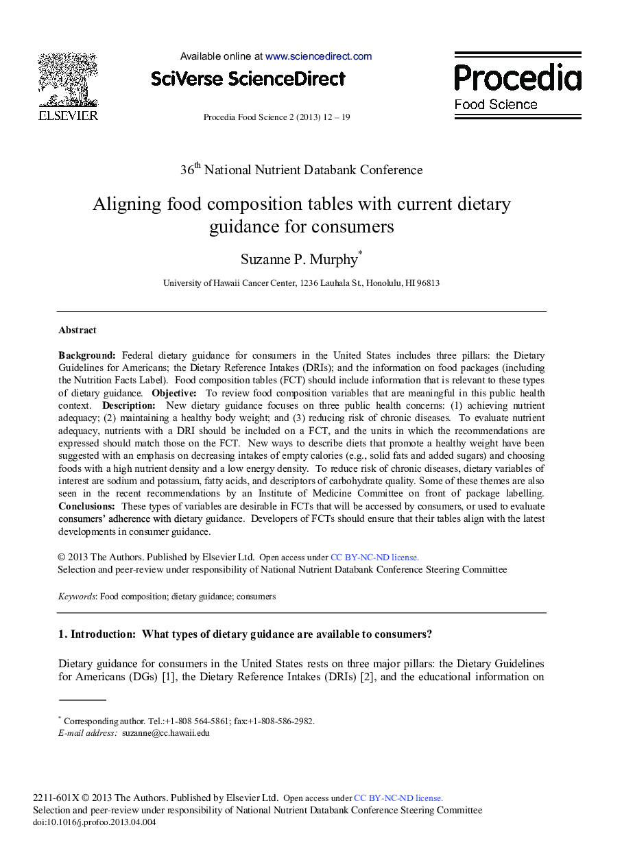 Aligning Food Composition Tables with Current Dietary Guidance for Consumers 