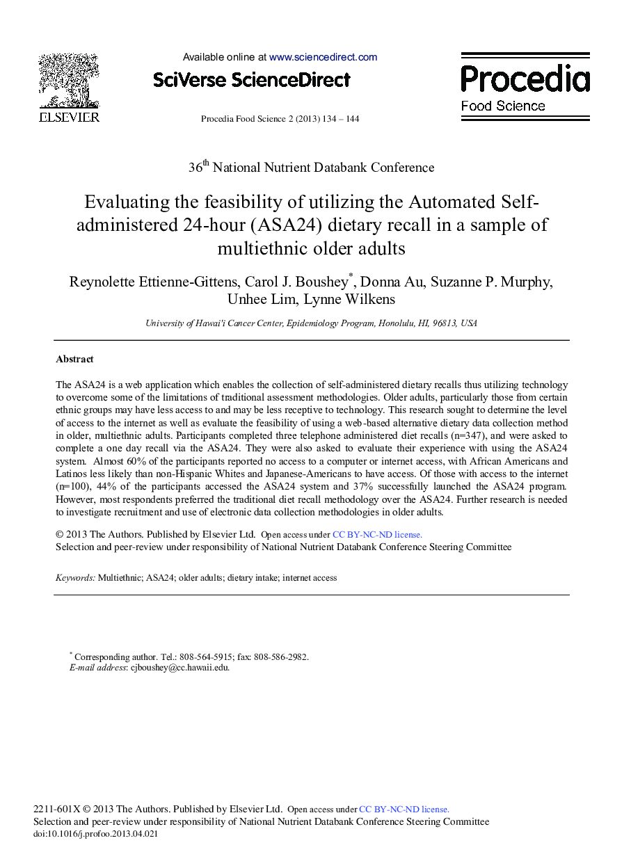 Evaluating the Feasibility of Utilizing the Automated Self-administered 24-hour (ASA24) Dietary Recall in a Sample of Multiethnic Older Adults 
