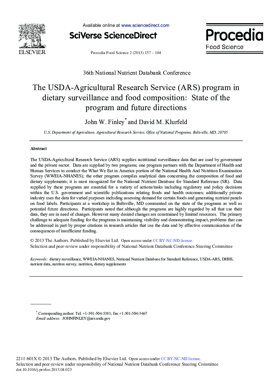 The USDA-Agricultural Research Service (ARS) Program in Dietary Surveillance and Food Composition: State of the Program and Future Directions 