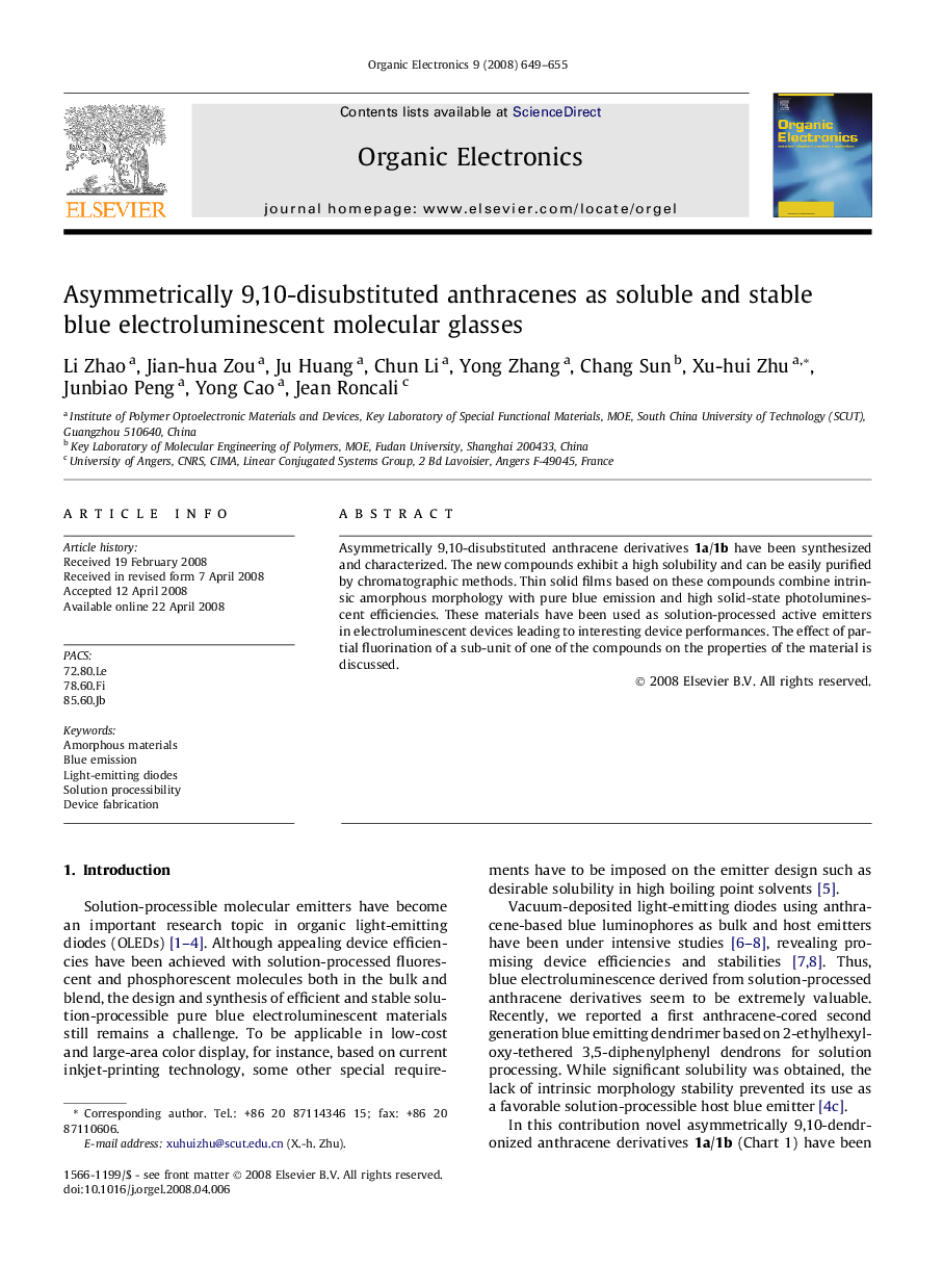 Asymmetrically 9,10-disubstituted anthracenes as soluble and stable blue electroluminescent molecular glasses