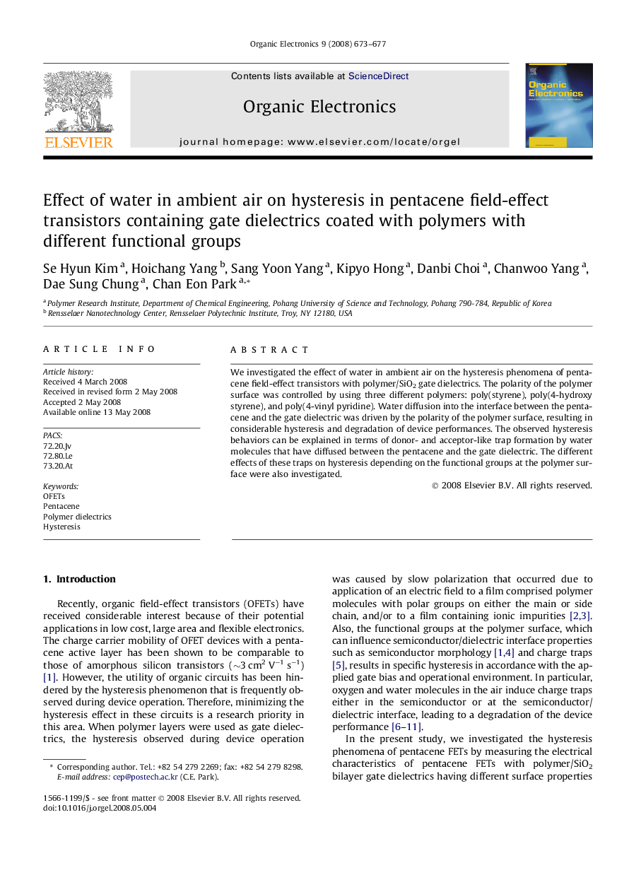 Effect of water in ambient air on hysteresis in pentacene field-effect transistors containing gate dielectrics coated with polymers with different functional groups