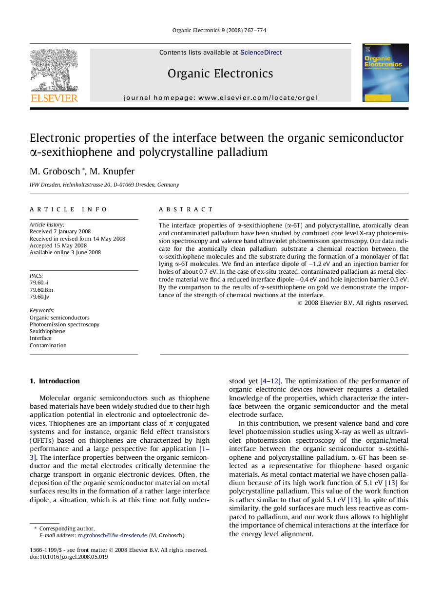 Electronic properties of the interface between the organic semiconductor α-sexithiophene and polycrystalline palladium