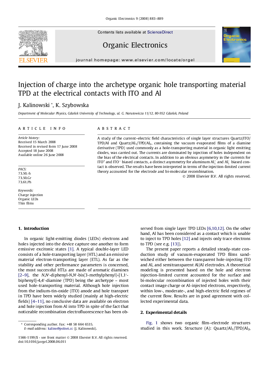 Injection of charge into the archetype organic hole transporting material TPD at the electrical contacts with ITO and Al