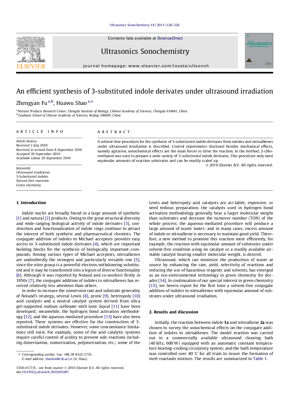 An efficient synthesis of 3-substituted indole derivates under ultrasound irradiation