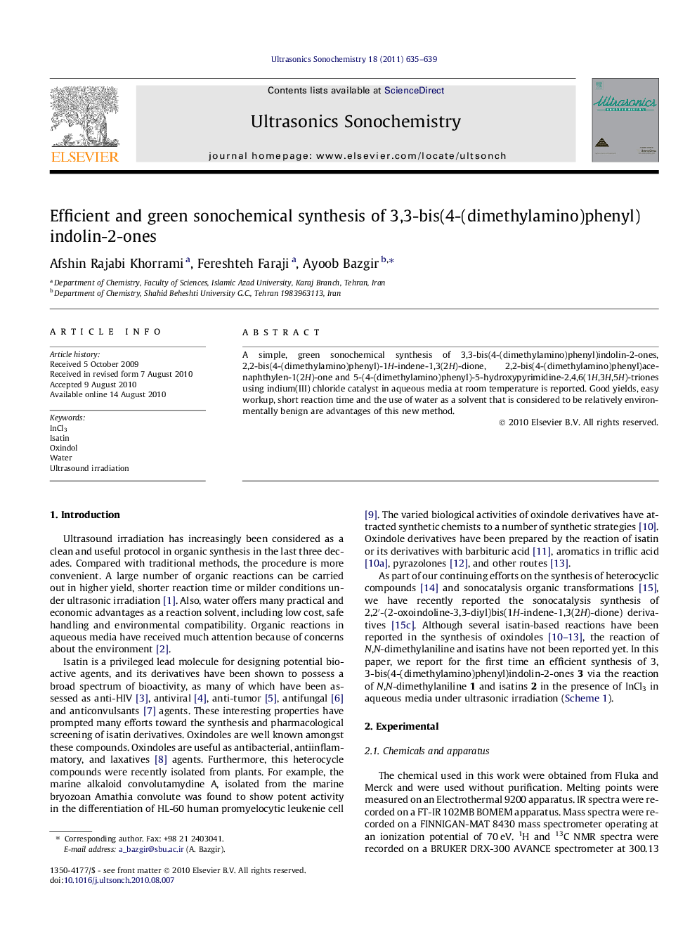 Efficient and green sonochemical synthesis of 3,3-bis(4-(dimethylamino)phenyl)indolin-2-ones