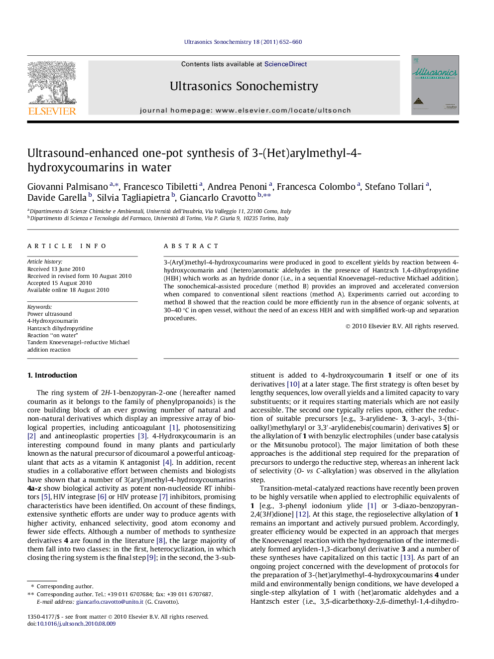 Ultrasound-enhanced one-pot synthesis of 3-(Het)arylmethyl-4-hydroxycoumarins in water