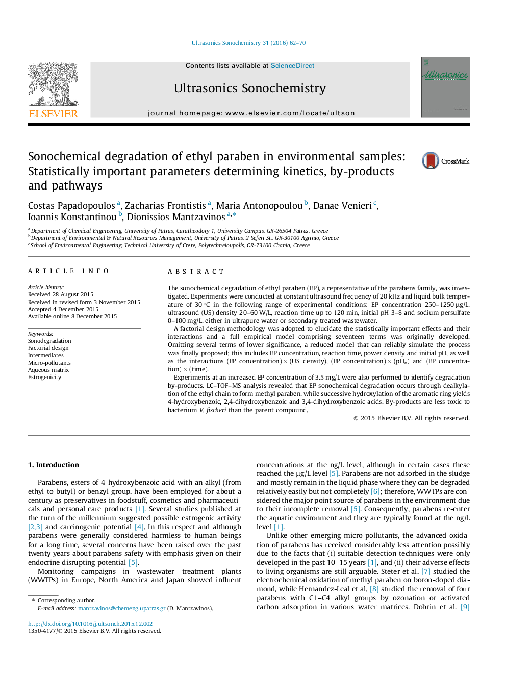 Sonochemical degradation of ethyl paraben in environmental samples: Statistically important parameters determining kinetics, by-products and pathways