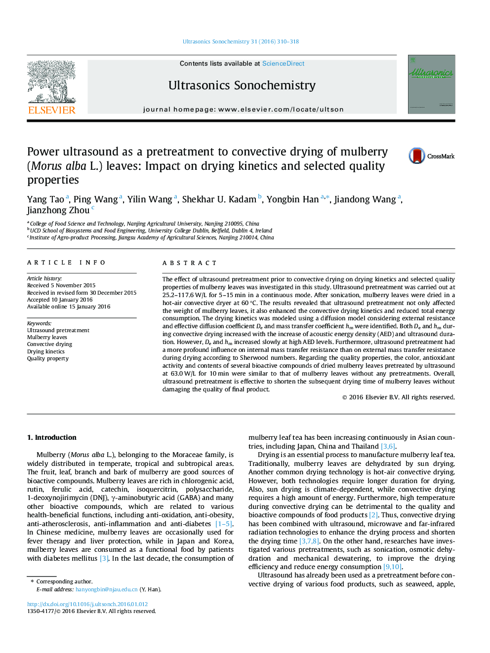 Power ultrasound as a pretreatment to convective drying of mulberry (Morus alba L.) leaves: Impact on drying kinetics and selected quality properties